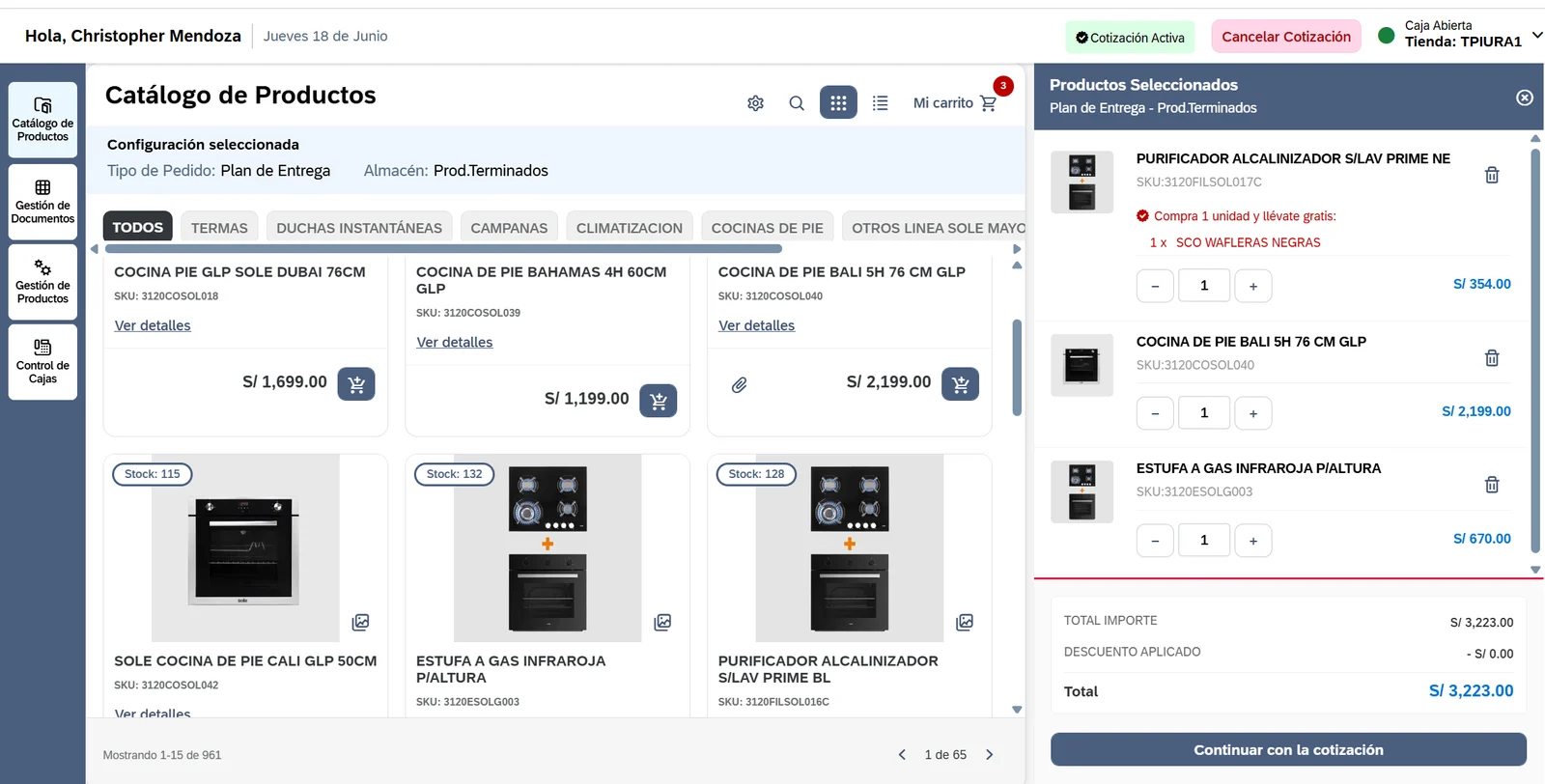 Cotización activa con productos seleccionados y total de venta